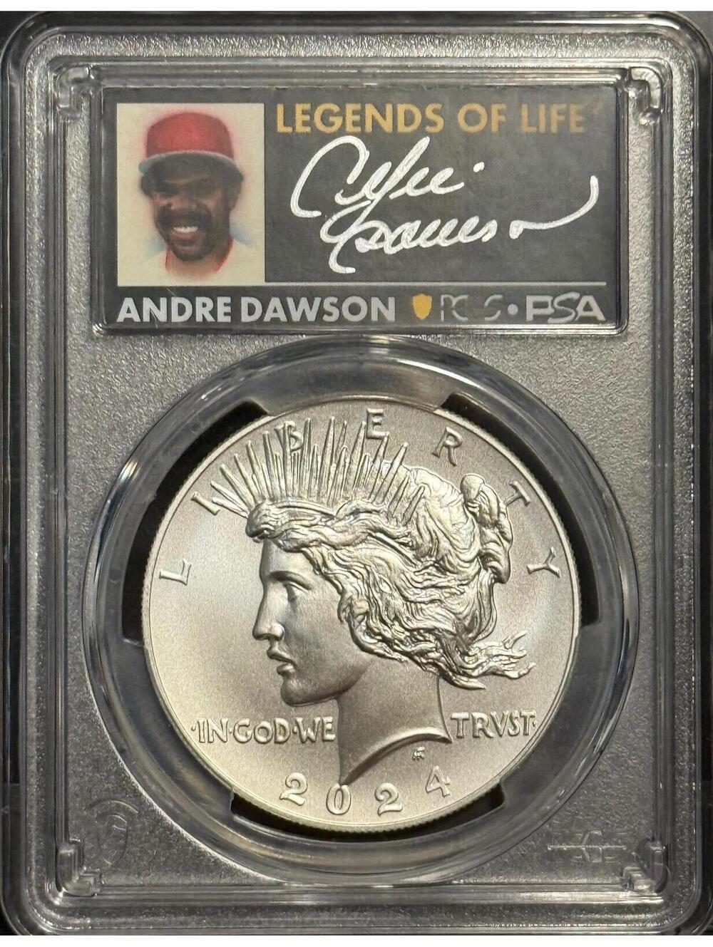 2024 Silver Peace Dollar • Andre Dawson Signed FS Label • Graded PSA PCGS MS70